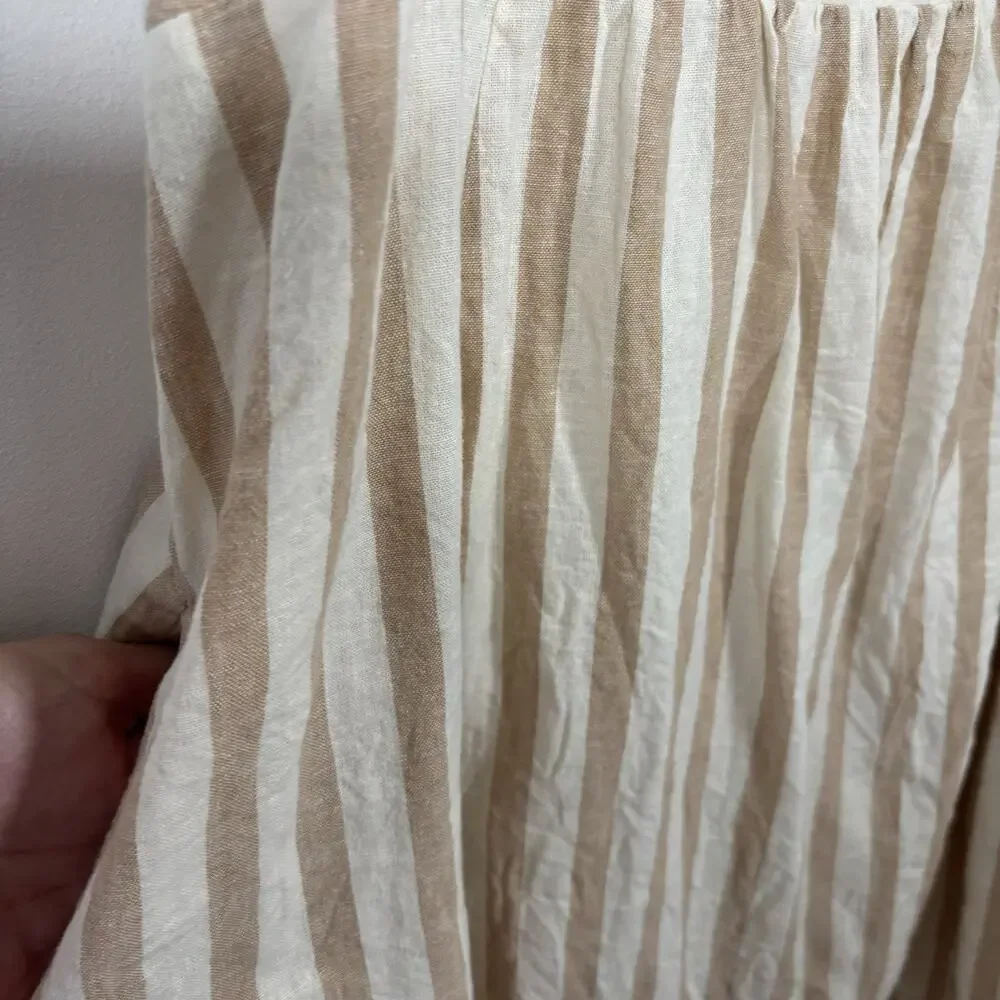 Draper James Smocked Striped Tan White Linen 3X Mini Dress Peasant Milk Maid - Picture 5 of 9